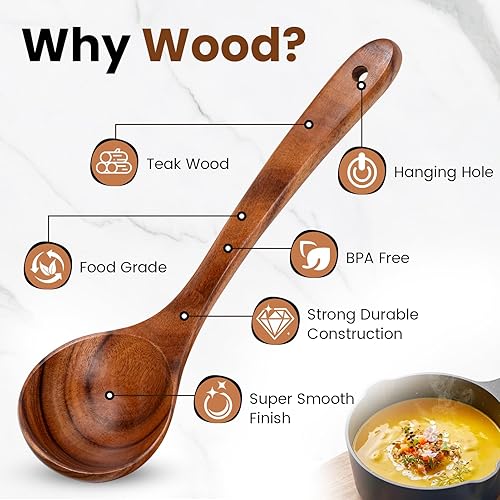 Miniatura 5 de Juego de cucharas de madera para cocinar, tenedor de pasta y cucharón - 2 utensilios de cocina antiadherentes de madera de teca natural para