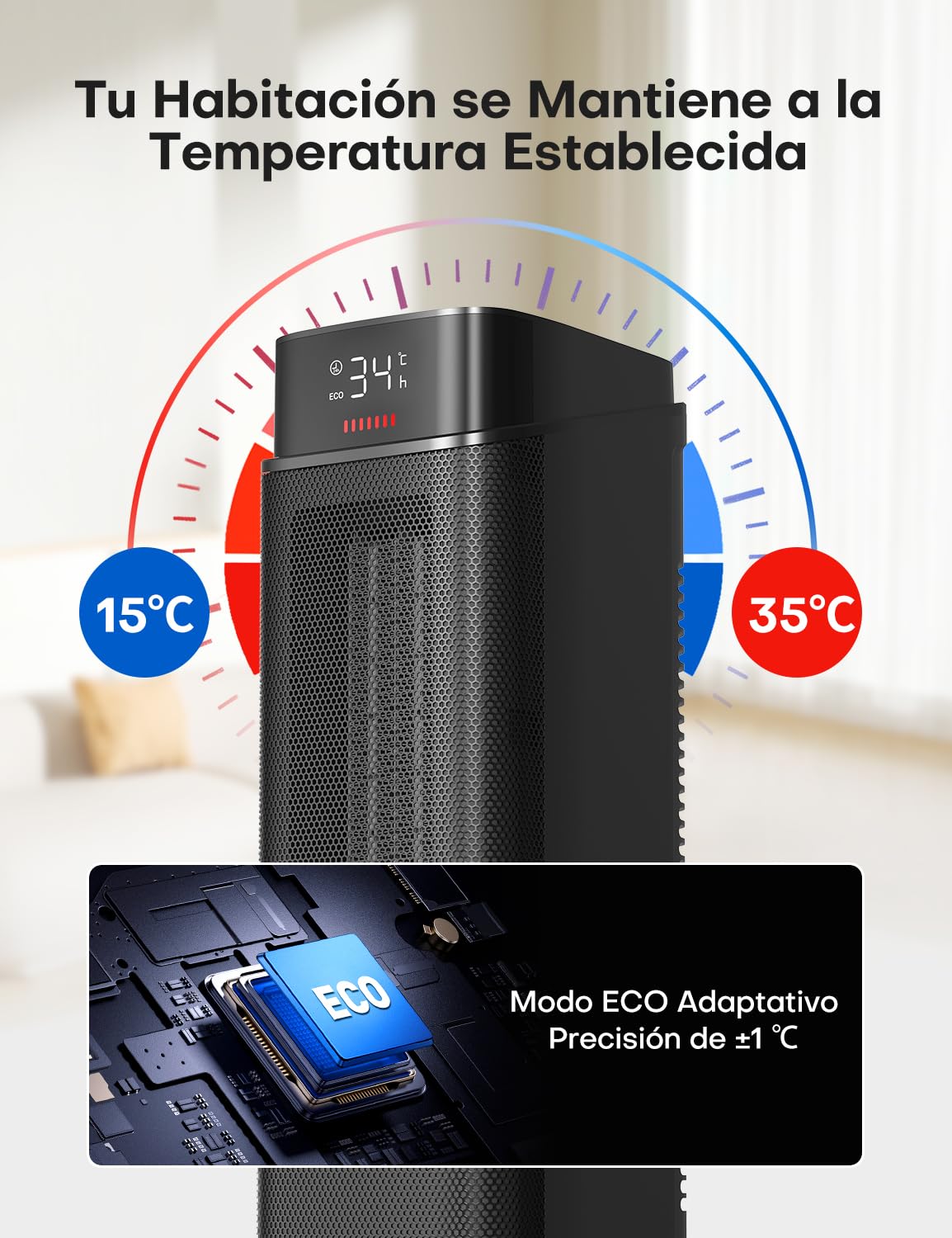 Calefactor PTC 2000 W negro, protección contra sobrecalentamiento y vuelco | Termostato, oscilación de 90°, mando a distancia, temporizador 24 h, modo ECO, silencioso (37 dB) y calentamiento en 2 s