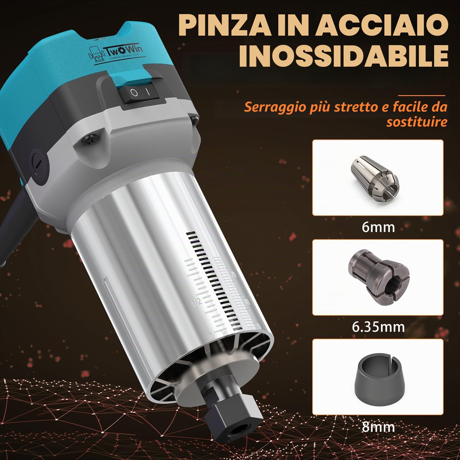 TwoWin - Fresa per legno, 6,5 A, 1,25 HP, portatile, compatta, per la lavorazione del legno, 6 velocità variabili, base fissa, per laminato, con cappuccio antipolvere, 15 punte
