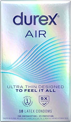 Durex Preservativos Air - Preservativos de látex de goma natural extra finos y transparentes para hombres, ajuste regular, aptos para FSA y HSA, 10
