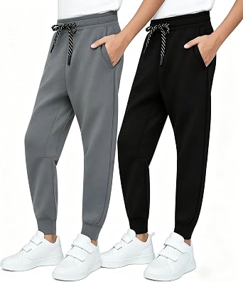 MERIDIANO 2 Pack Boys Joggers Lightweight Athletic Pants, Soft scuba-style Fabric Jogging Pants for Kid Youth with Drawstring