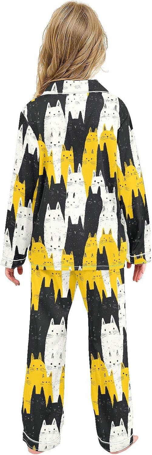 senya Colorful Cute Cat 6 Satin Pajama Sets Long Sleeves Nightwear Button Down Sleepwear
