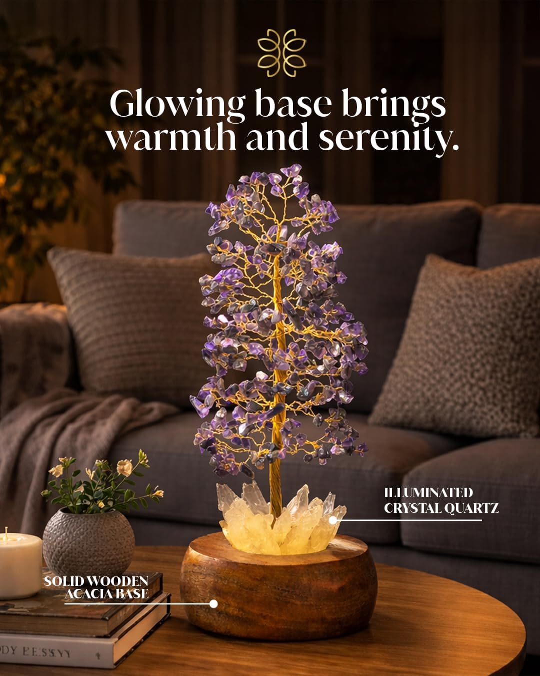 Amethyst Crystal Tree of Life with LED Light – Handcrafted Gemstone Bonsai on Quartz Base & Acacia Wood Stand – Spiritual Home & Office Décor, Feng Shui, Thoughtful Gift for Women