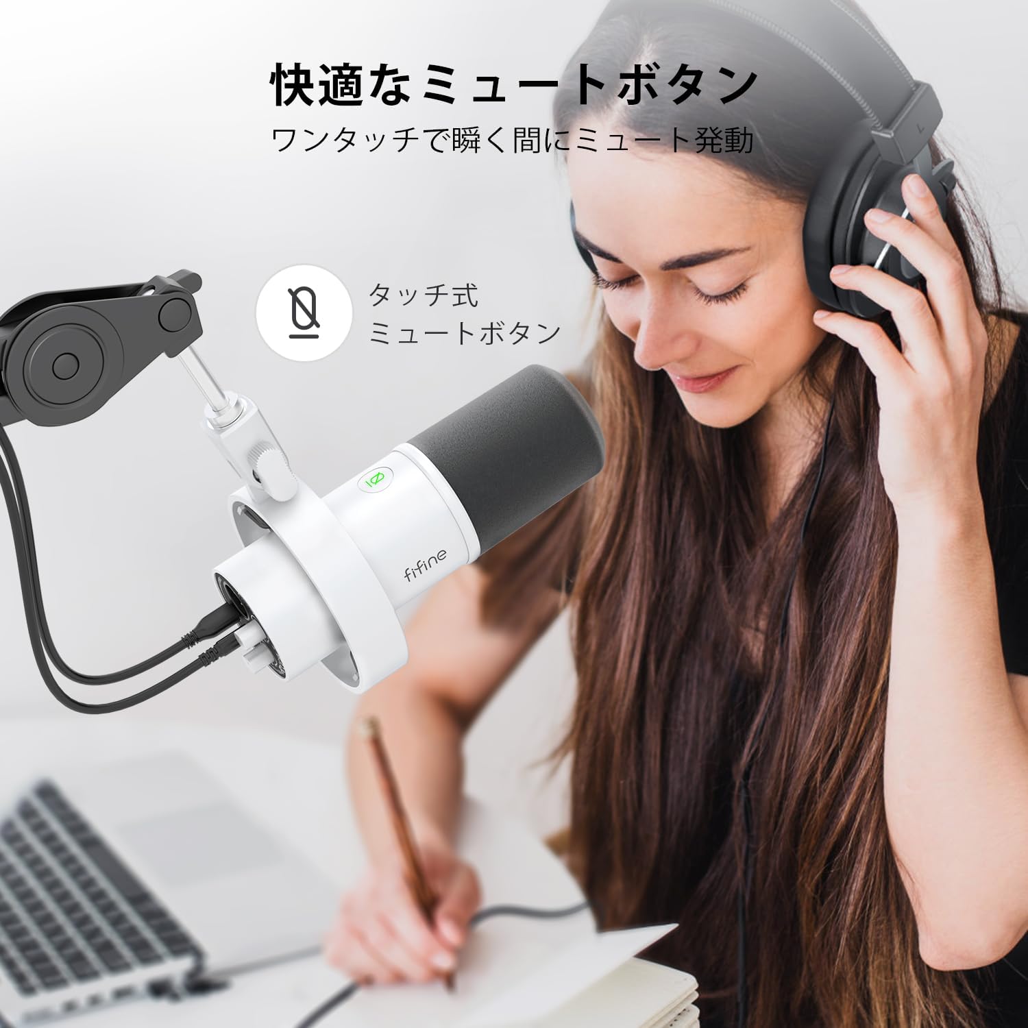 User pressing the mute button on FIFINE AmpliTank K688W microphone