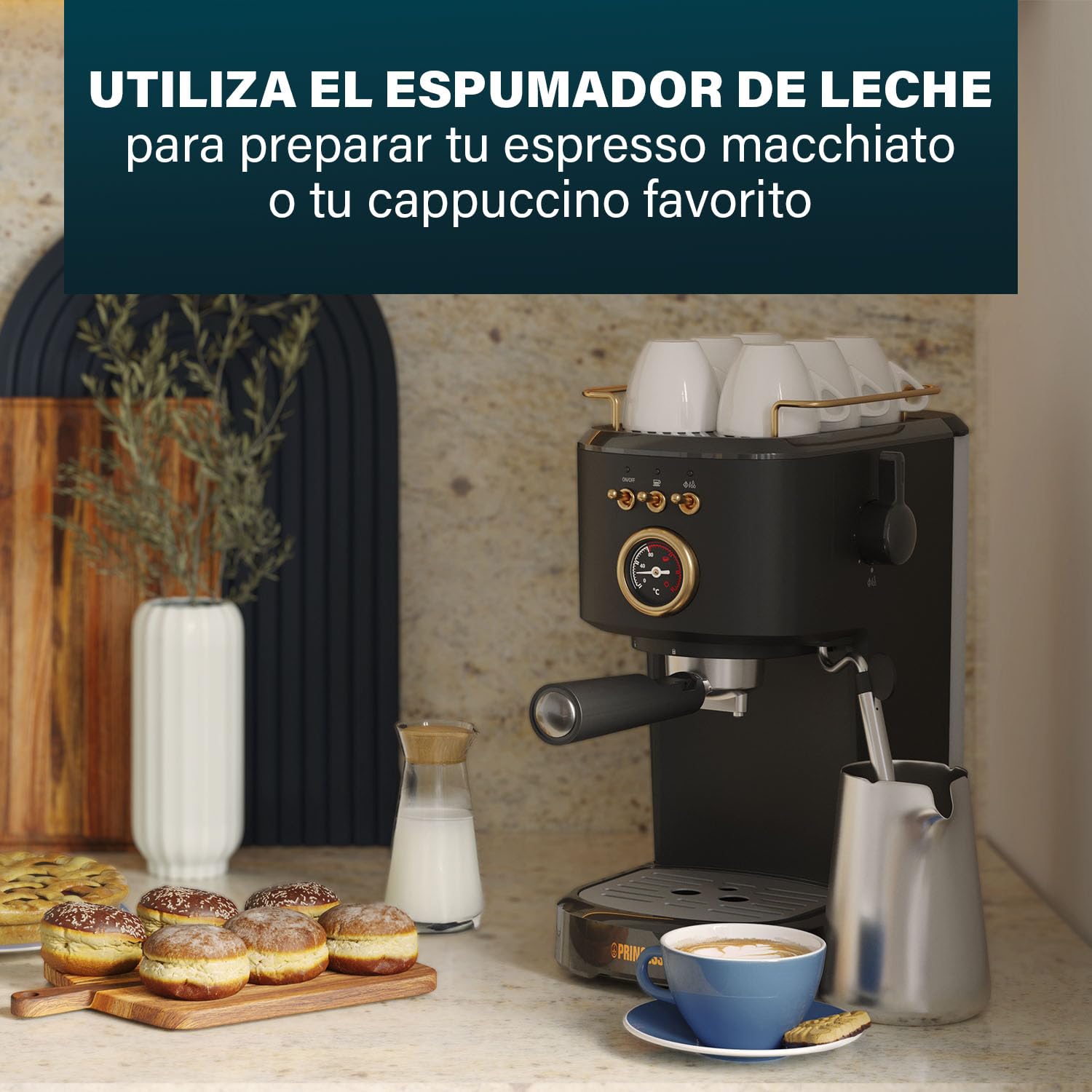 Princess Máquina de Espresso, 1100W, 20 Bares, Calentador de Tazas, Boquilla de Vapor, Depósito 1,2L, Para Café Molido y Cápsulas, Fácil de Limpiar, Apagado Automático, 01.249417.01.001