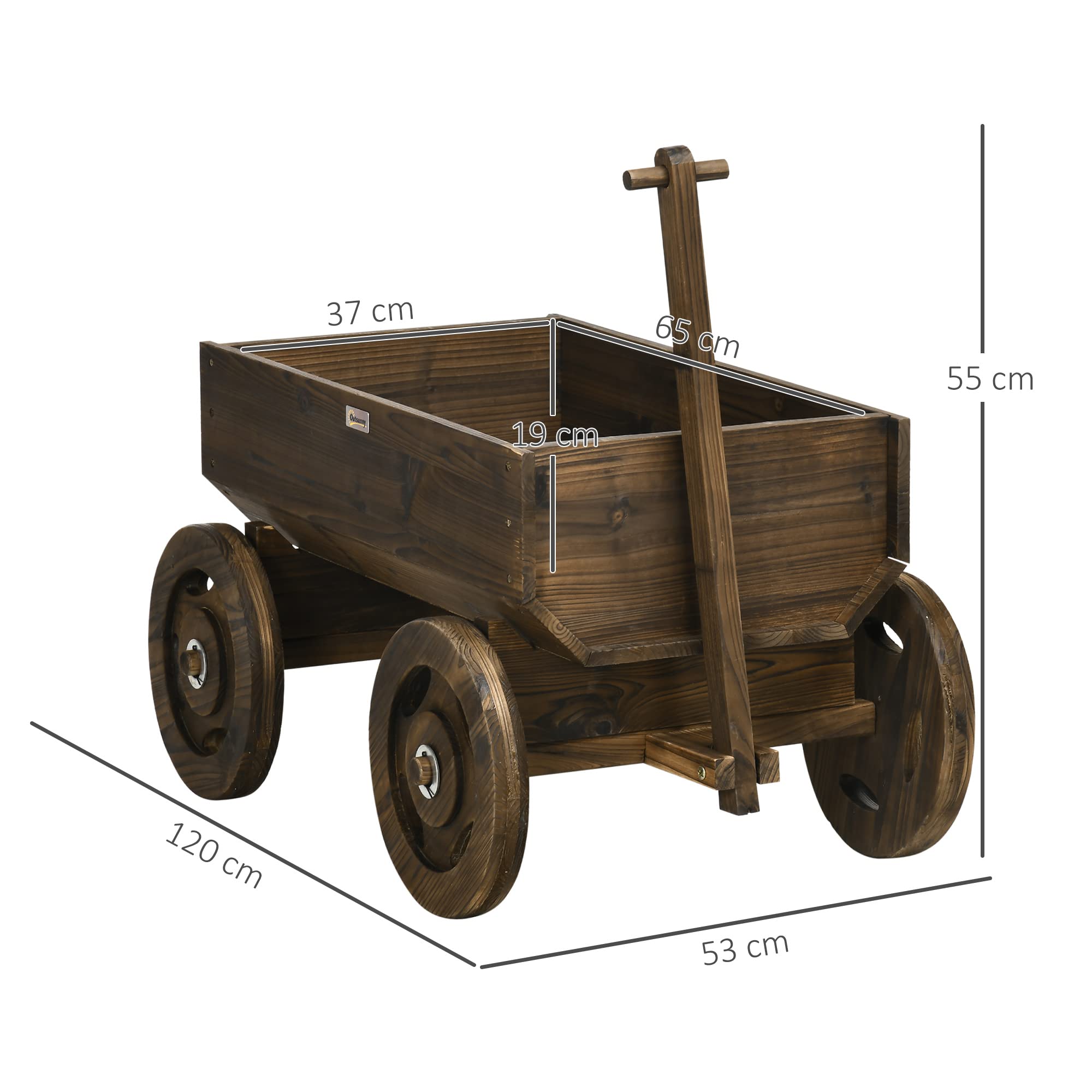 Outsunny Hochbeet im Holzwagen-Design, Blumenkasten Holz, Pflanzenwagen, Pflanzenständer für Garten und Terrasse, bis 50 kg belastbar, Verkohlt, 127 x 53 x 58 cm