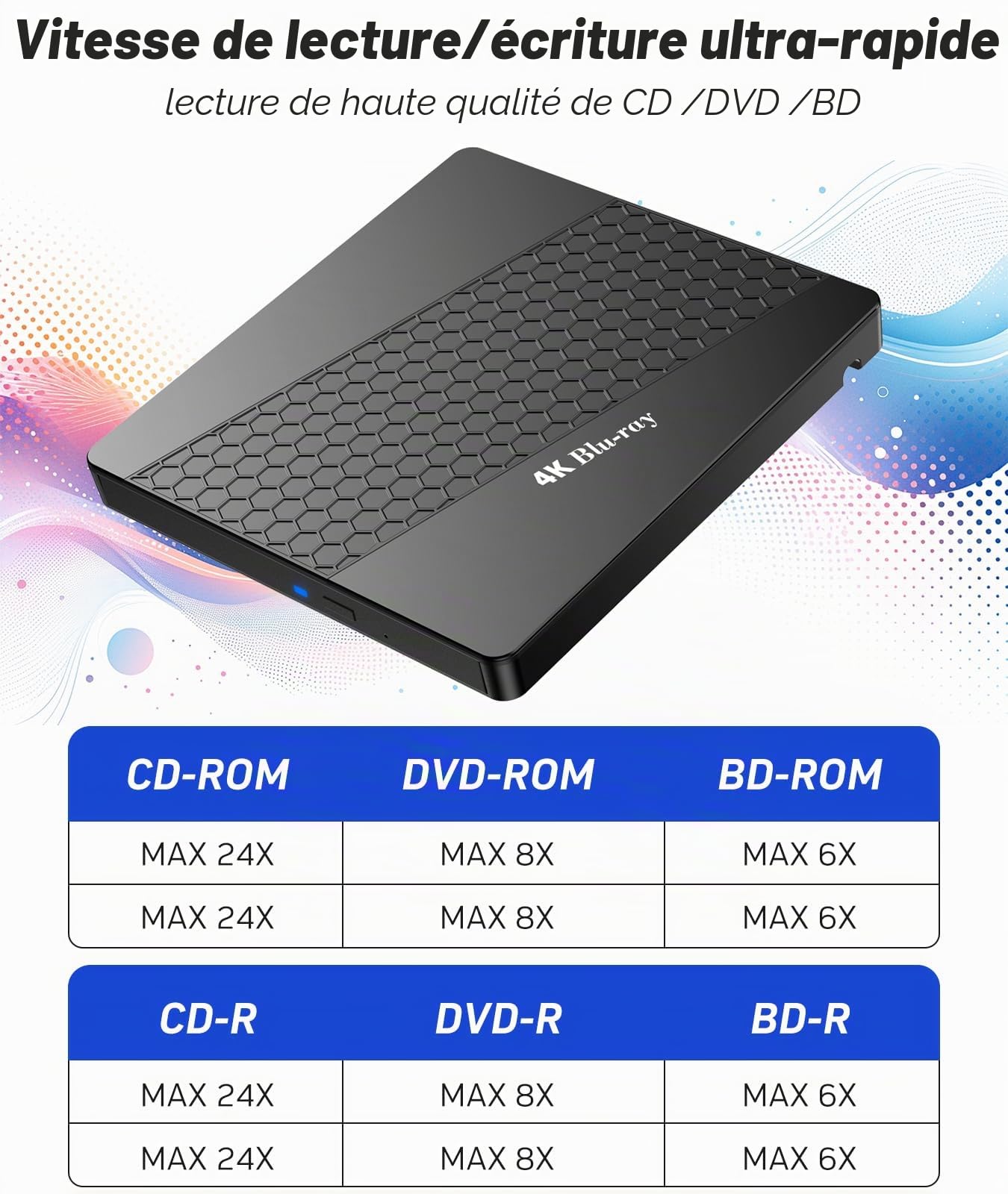 Lecteur Blu-Ray externe 4K pour PC, lecteur Blu-Ray 4K UHD, port SD/TF avec étui de transport, lecteur Blu-Ray HD US8 3.0, lecteur optique externe DVD+/-RW pour ordinateur portable MacBook Pro