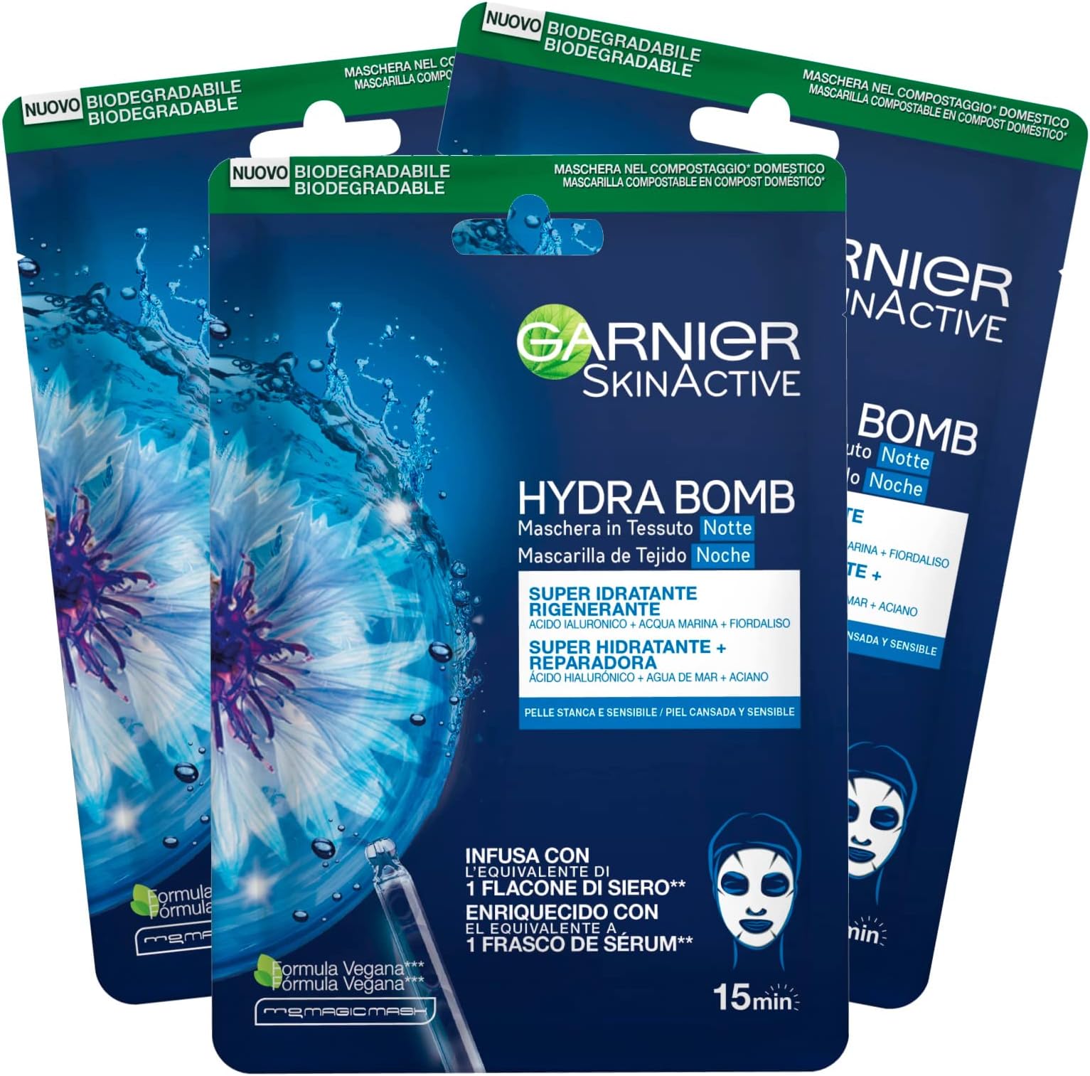 Garnier SkinActive Hydra Bomb Overnight Face Mask in Super Moisturizing Fabric Vegan Formula with Cornflower and Hyaluronic Acid with Regenerating Action Tired Sensitive Skin - 3 Disposable Masks