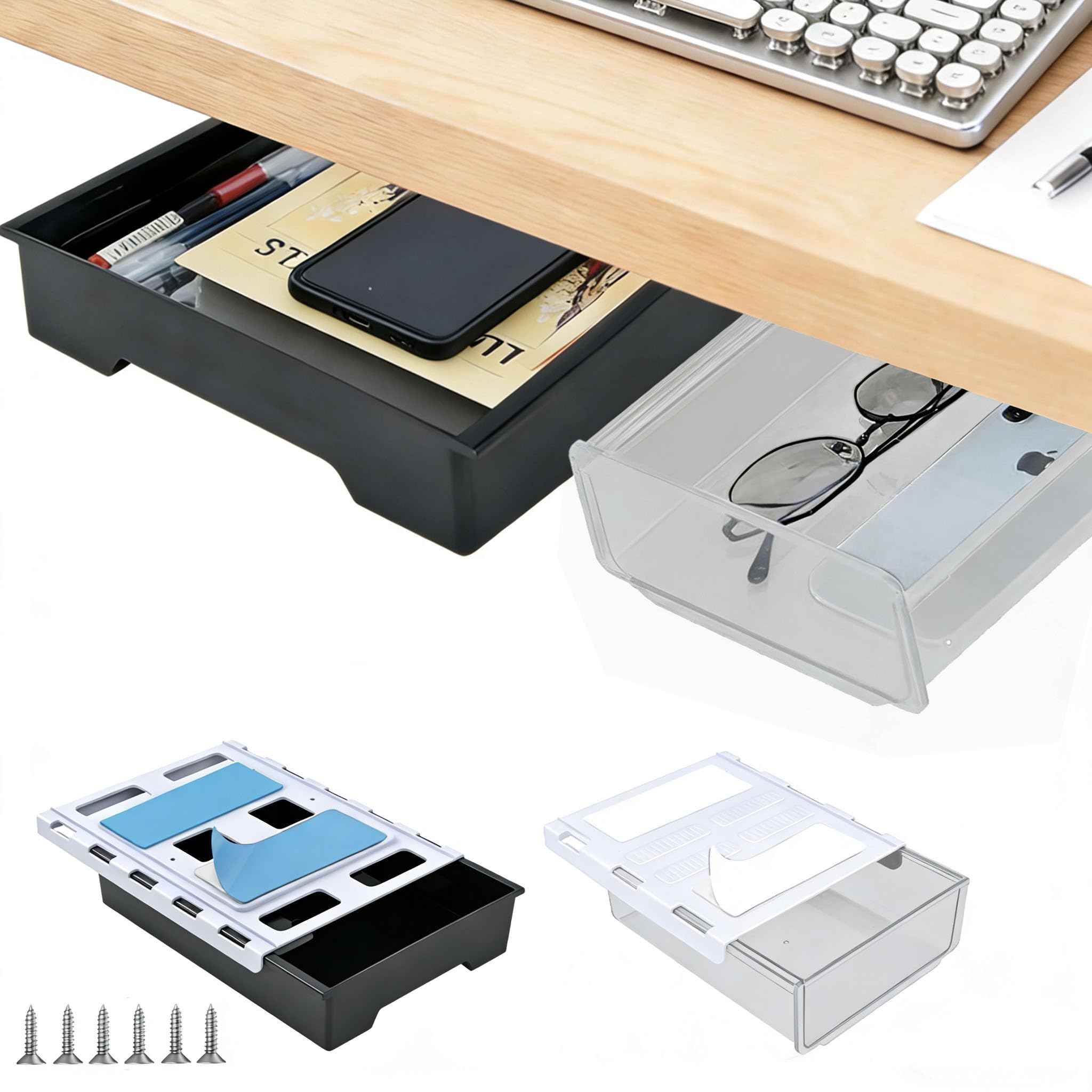 Photo 1 of 2 Pack Under Desk Drawer Organizer, Self Adhesive Hidden Drawer Storage, Slide Out Desk Organizer, Space Saving Pencil & Accessories Organizer, Under Table Storage for Home Office & School, Black