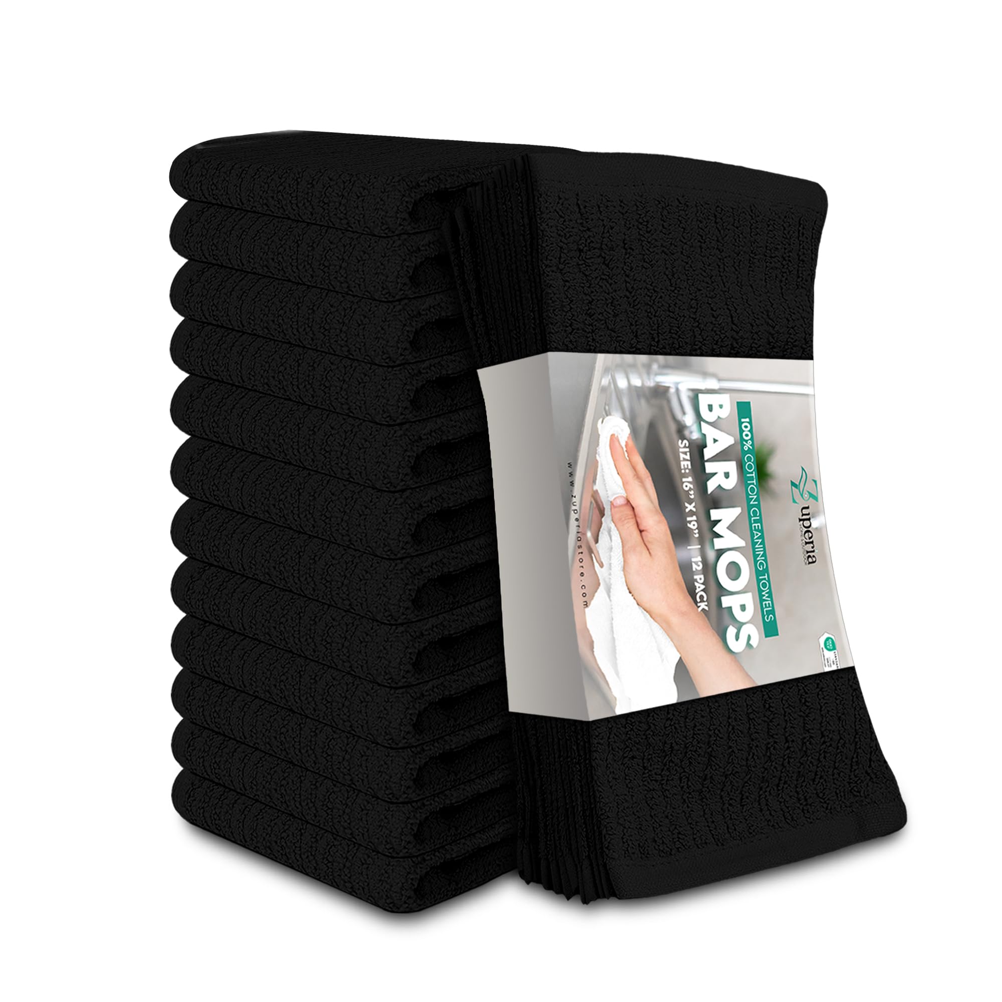 ZUPERIA Bar Mop Kitchen Towels - Pack of 12 (16"x19”) 100% Ring Spun Cotton - Dish Washcloths For Superb Cleaning and Less Lint - Highly Absorbent