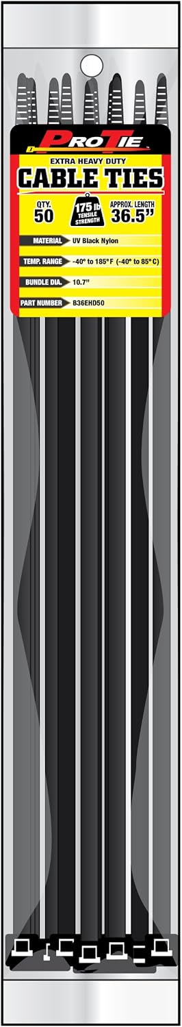 Pro Tie Extra Heavy Duty Cable Ties, Self-Locking Nylon Cable Wire Ties for Indoor and Outdoor Use | 36.5-Inch, 175 lbs. Tensile Strength, UV Black Nylon, 50-Pack (PN: B36EHD50)
