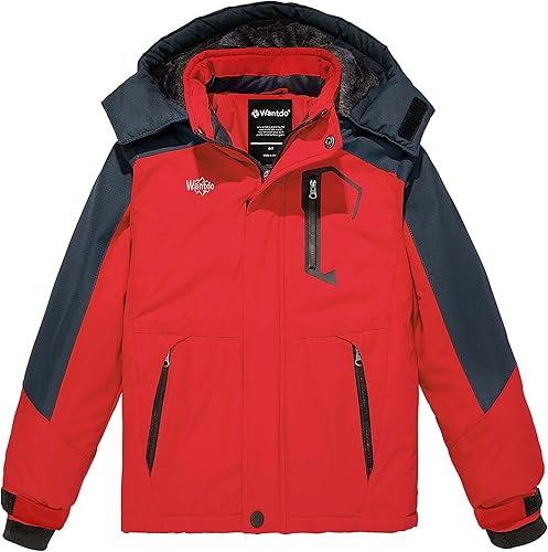 Wantdo Chaqueta de esquí impermeable para niño, chaqueta de snowboard de vellón, abrigo de invierno cálido y grueso con capucha, 4-16