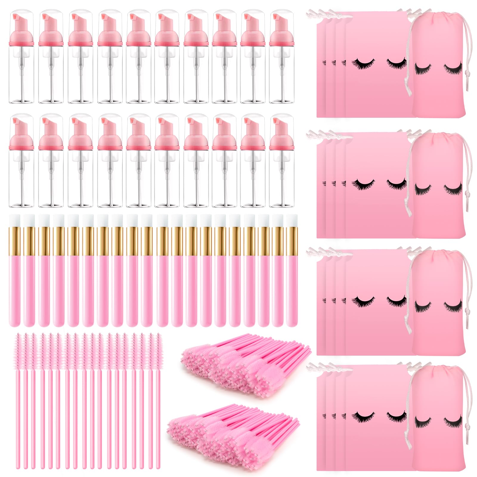 Buqikma260PCS Lash Shampoo Bottles Brushes Set - 20PCS Foam Pump Bottle 60ML 20PCS Eyelash Shampoo Brushes 20PCS Aftercare Bags for Lash Bath Kit 200PCS Lash Brushes for Home or Salon Cleaning(Pink)
