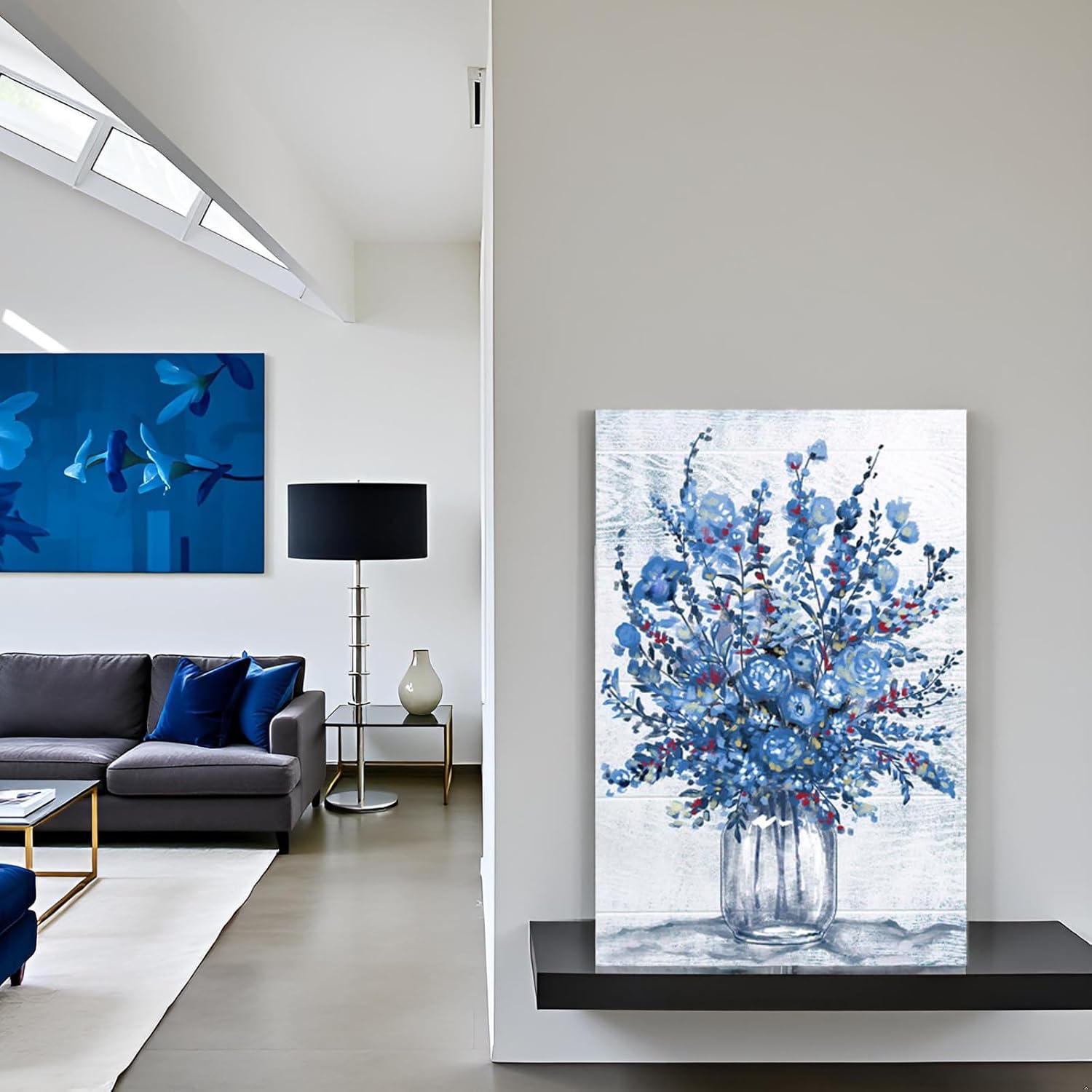 Nachic Wall Navy Blue Flower Canvas Wall Art Large Abstract Bouquet in Vase Artwork Prints for Teen Girl Bedroom Floral Pictures Bathroom Decor 16" x 24"