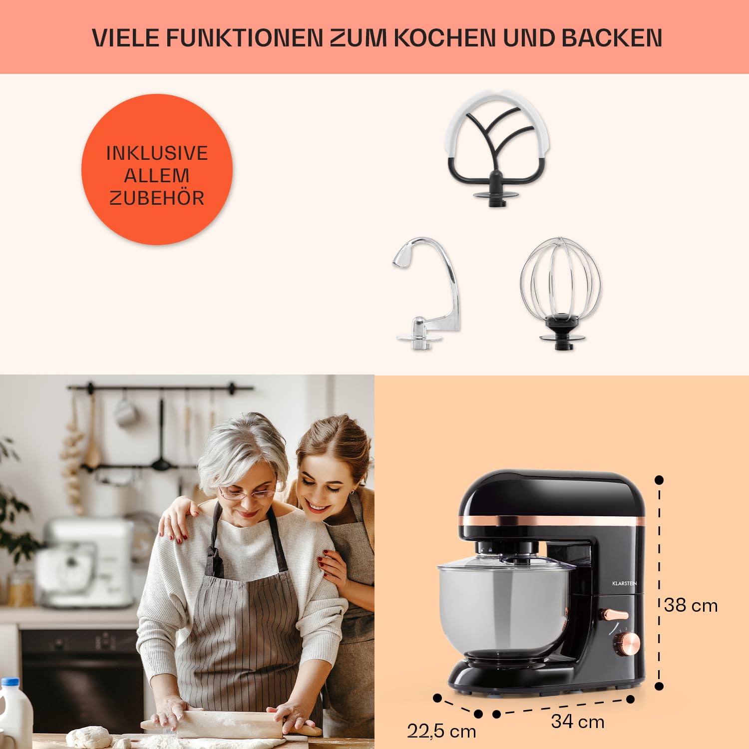 Klarstein Küchenmaschine, Knetmaschine mit 5L Schüssel, 2000W Profi Gerät mit Knethaken und Schneebesen, Universal Küchenmaschine mit 6 Stufen zum Rühren, Kneten und Aufschlagen