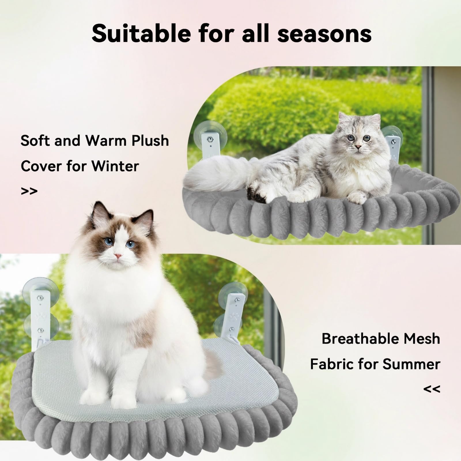 CareCooo Amaca per Gatti da Finestra, Lettino per Gatti con Ventose, Cuccia Gatto Finestra Pieghevole, Morbido Cuscino Lavabile per Riposo e Vista Panoramica, Resistente fino a 18 kg, 52x30cm, Grigio