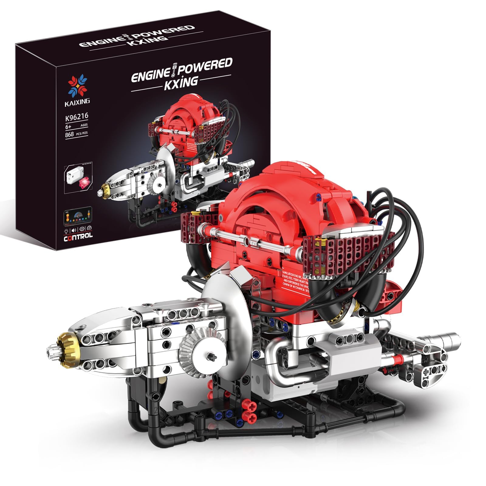 Zestaw konstrukcyjny z silnikiem V8, model techniczny z klockami do montażu i silnikiem V8 sterowanym przez aplikację, zawiera ośmiocylindrowy silnik i skrzynkę akumulatorową