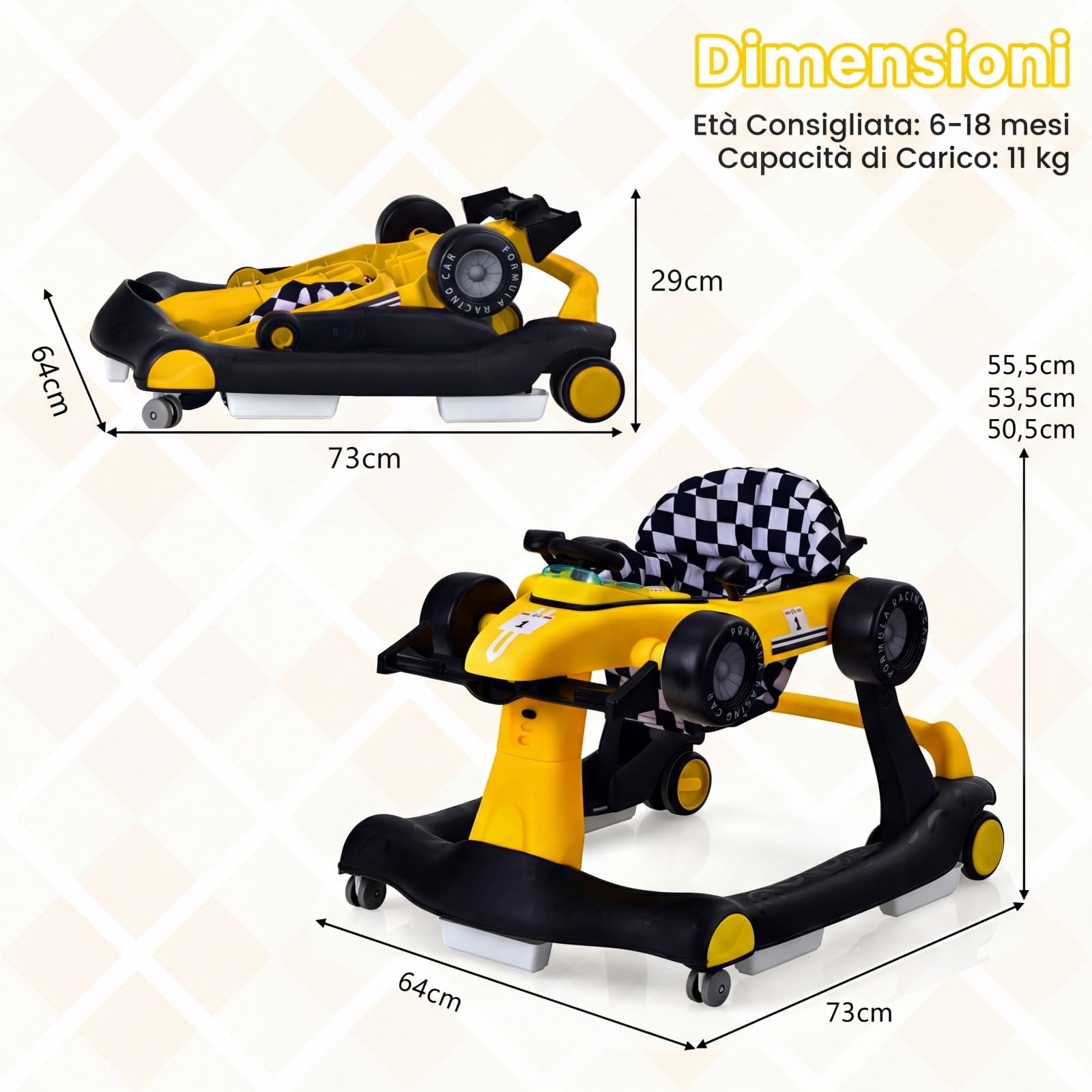 RELAX4LIFE Girello per Bambini 6-18 Mesi, Baby Walker 4 in 1 Trasformabile, Carrello Primi Passi e Macchinina a Spinta con Luci e Suoni, Altezza Regolabile, Pieghevole (GIALLO)