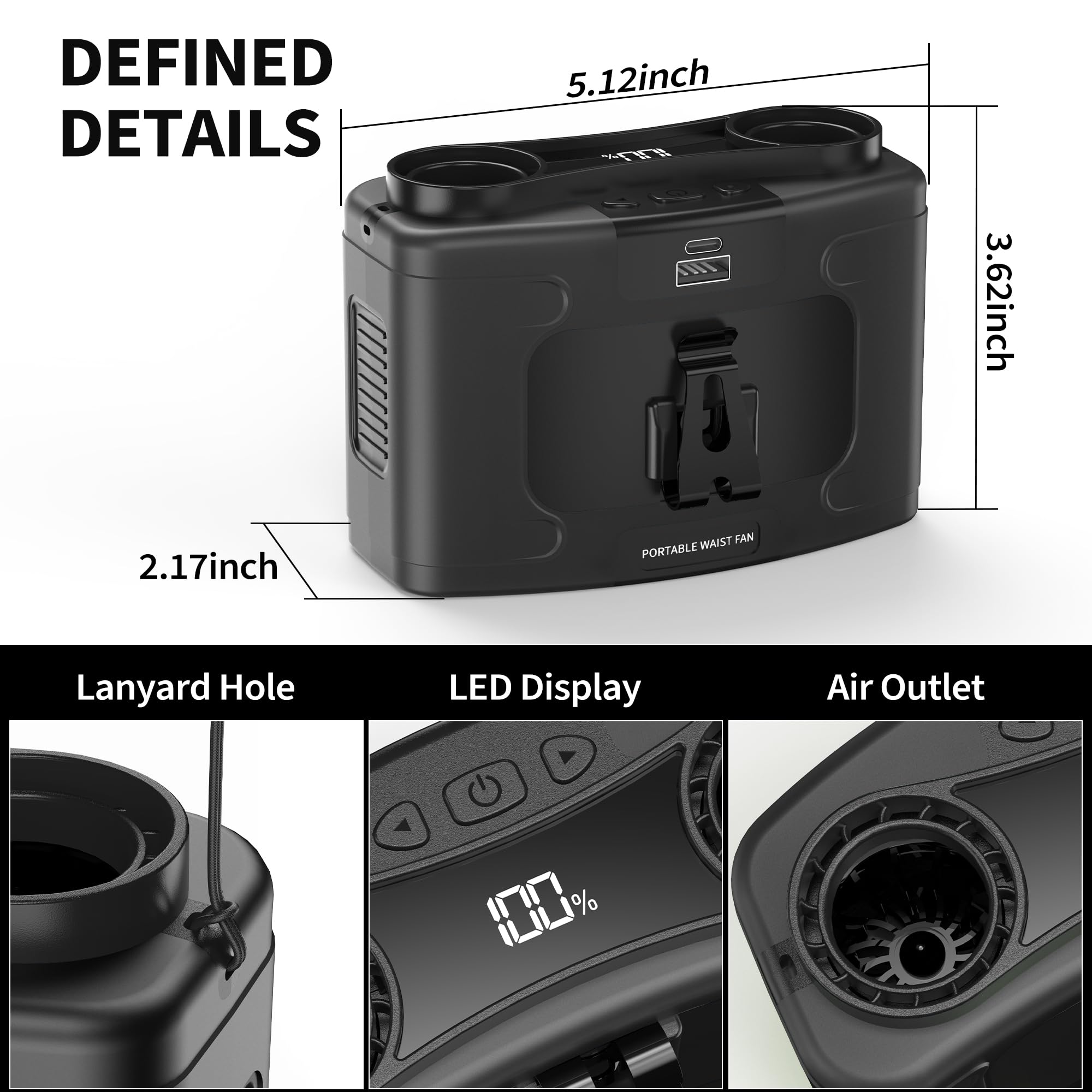 Ventola portatile da 10000 mAh, ventilatore personale con clip a batteria ricaricabile, doppio motore fino a 20 ore di raffreddamento, 10 velocità, 16000 giri/min, per cintura da collo per esterni,