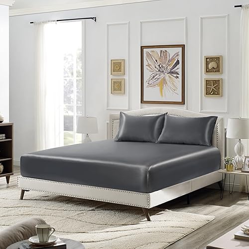 Miniatura 4 de SiinvdaBZX Juego de 3 piezas de sábana bajera de satén tamaño Queen y 2 fundas de almohada, sábana bajera suave y sedosa gris, sin arrugas,