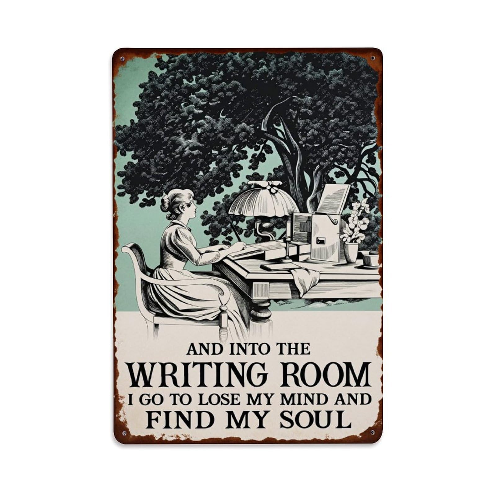 Lzwbntey Vintage Writing Room Scene Woman Desk Tree Lamp Books Cup Flowers Metal Tin Sign Retro Wall Decor For Home Bar Garage Cafe, Indoor & Outdoor Decorative Metal Poster, 8X12 Inch