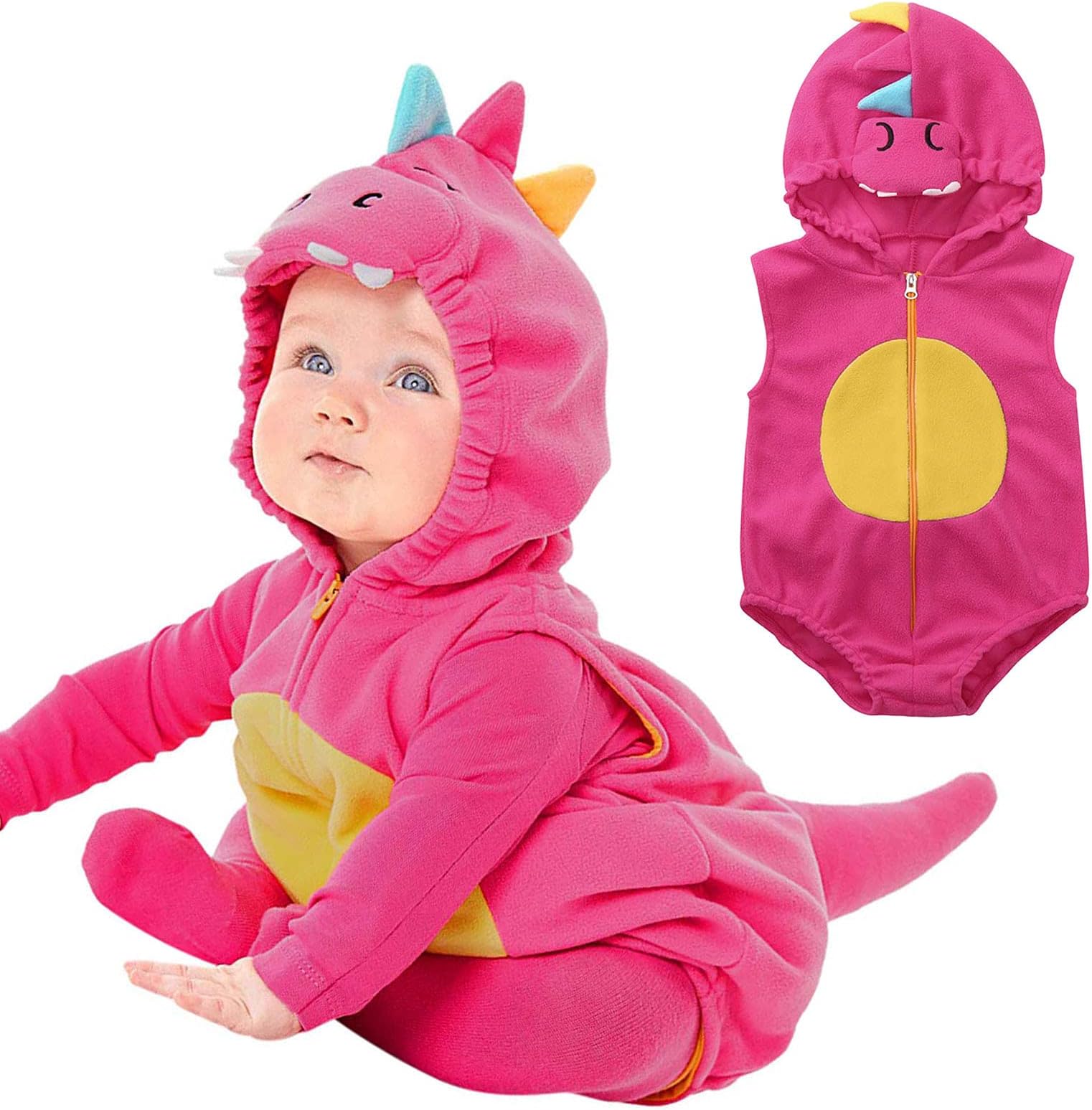 VPQILHBaby Dinosaur Cosplay Halloween Romper Toddler Kids My 1st Halloween Long Sleeve Jumpsuit Cute Dinosaur Costume Unisex One-Piece Hooded Bodysuit Animal Fancy Dress Hooded Playsuits 0-24 Months