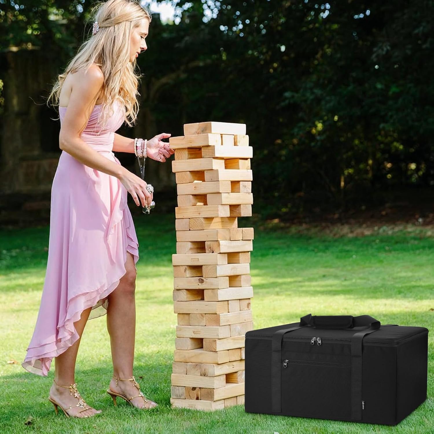 Stacking Game Carry Bag Compatible with Giant Tumble Tower Block, Portable Storage Bag for 60 Pcs Large Tumbling Timber, Carrying Case for Outdoor Yard Game (Blocks Not Included)