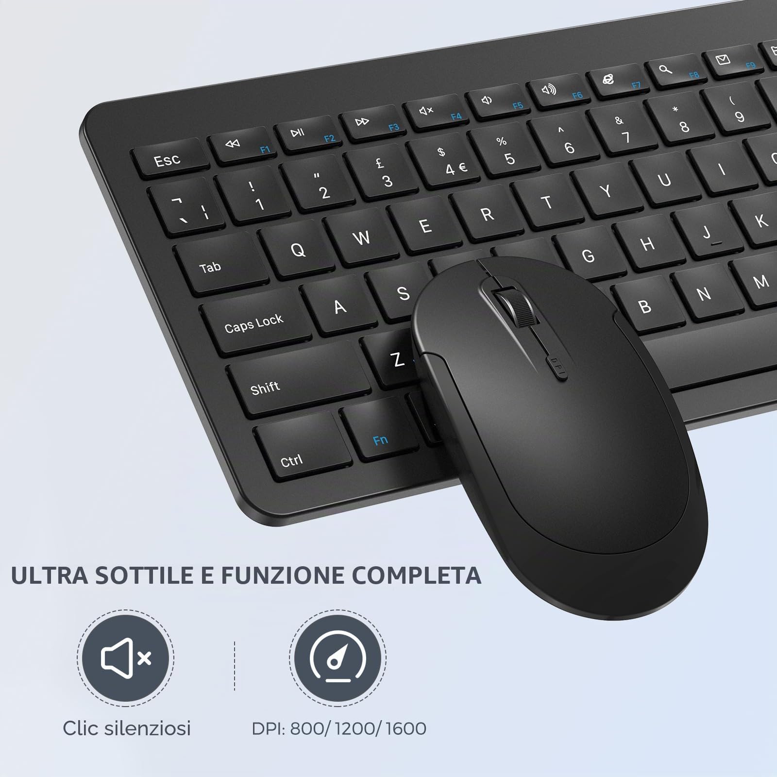 seenda Tastiera e mouse wireless ricaricabile, SK38-3, ultra sottile, silenziosa, USB per computer portatili Windows, PC, layout QWERTY UK, nero