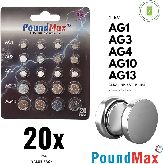 PoundMax AG1 / AG3 / AG4 / AG10 / AG13 Batteries 1.5v Alkaline Battery - 20 Count