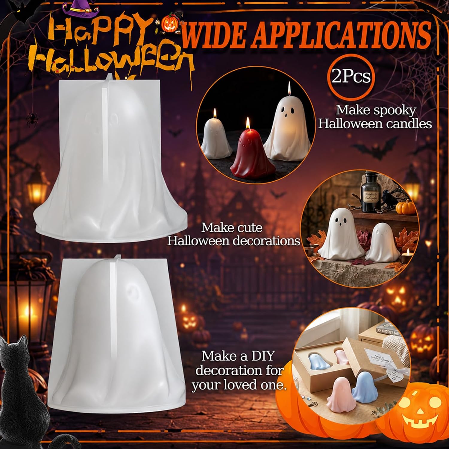 2PCS Halloween Ghost Candle Molds, 3D Cute Ghost Silicone Mold for Candle Making, DIY Spooky Resin Casting Molds for Soap, Wax, Chocolate, Handmade Halloween Home Decor & Party Favors