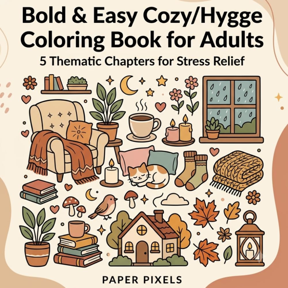 BOLD & EASY COZY/HYGGE COLORING BOOK FOR ADULTS: Simple, Cute & Relaxing Designs for Stress Relief