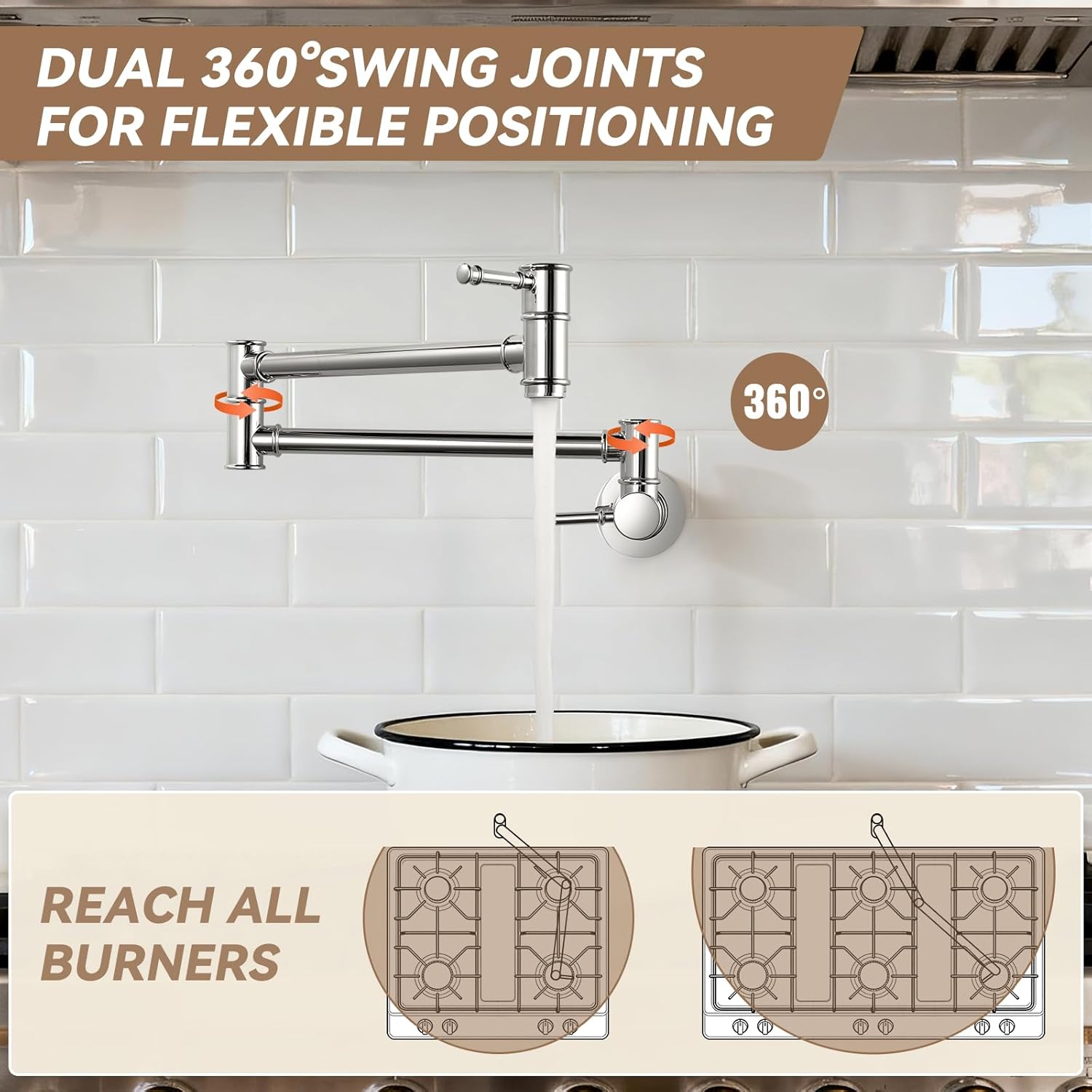 Pot Filler Faucet Chrome, Wall Mount for Kitchen Sink, Brass Over Stove, Folding With Single Hole 2 Handles