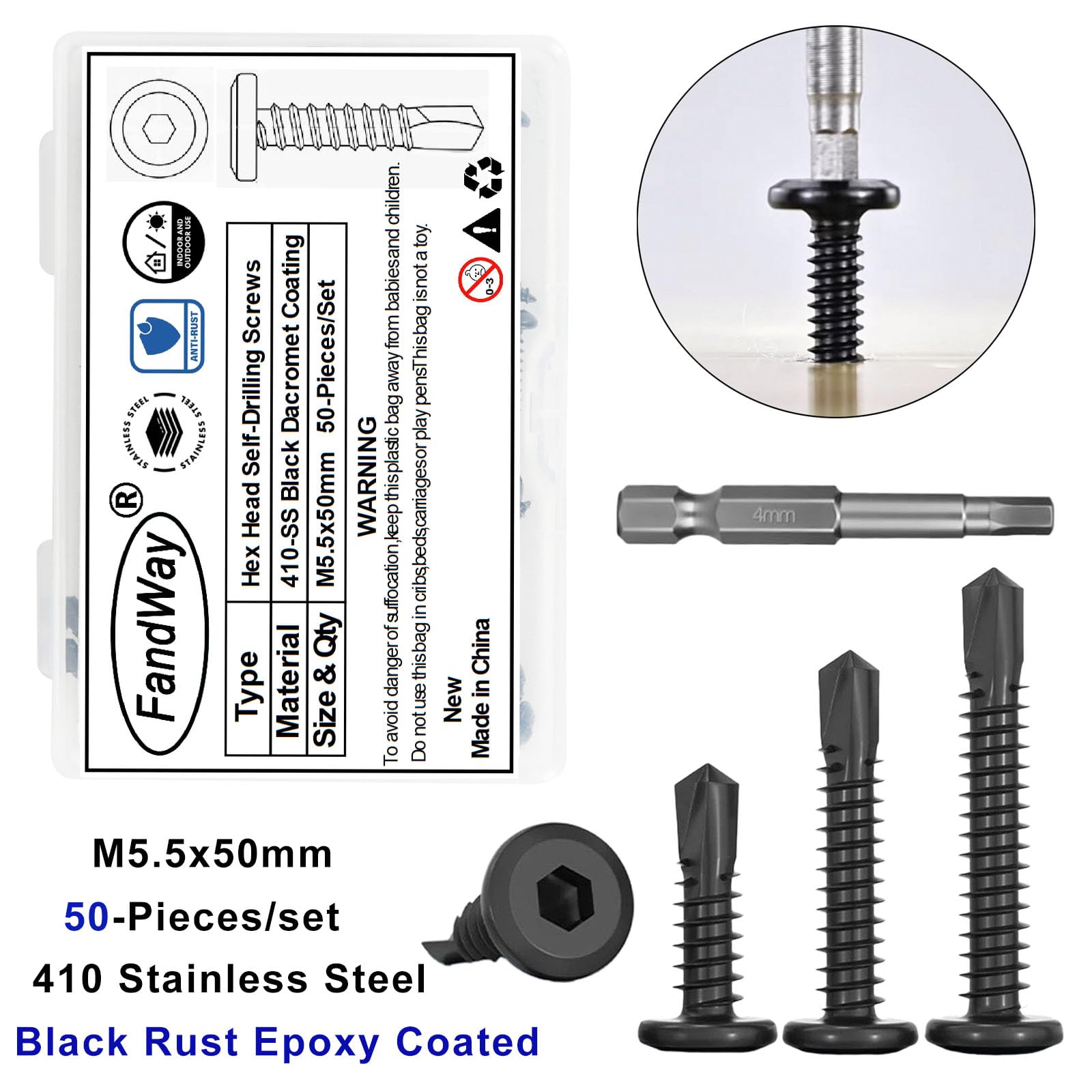 FandWay 50Pcs Self Tapping Screws for Steel,M5.5x50mm Self Drilling Screws for Metal,Flat Hex Socket Head Tek Screw,Sheet Metal Allen Key Screw 410 Stainless Steel Black Coating for Alu Wood Plastic - Image 2