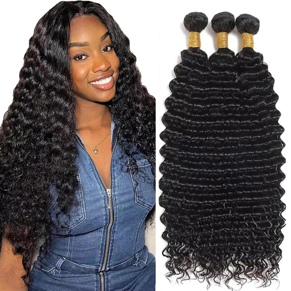 26 28 30 Inch Deep Wave Bundle 1b Human Hair Bundles Mixed Length 3 Bundles Brazilian Virgin Remy Hair Extensions Natural Black Color