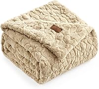 Cozy Bliss Khaki Faux Fur Throw Blanket 55x70 - Reversible Wave Textured Plush Warm Fluffy for Couch Sofa Bed