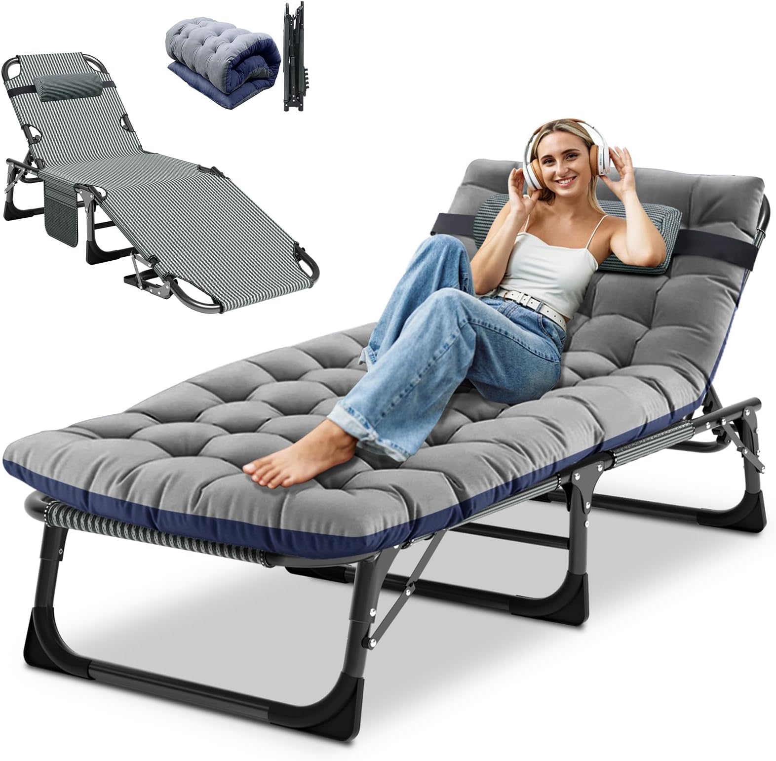 DoCred Heavy Duty Chaise Lounge Chair, Adjustable 5-Position Folding Chaise Lounge Chairs for Outside, Portable Lay Flat Beach Lounge Chair for Outdoor Sunbathing Beach Pool Lawn Camping