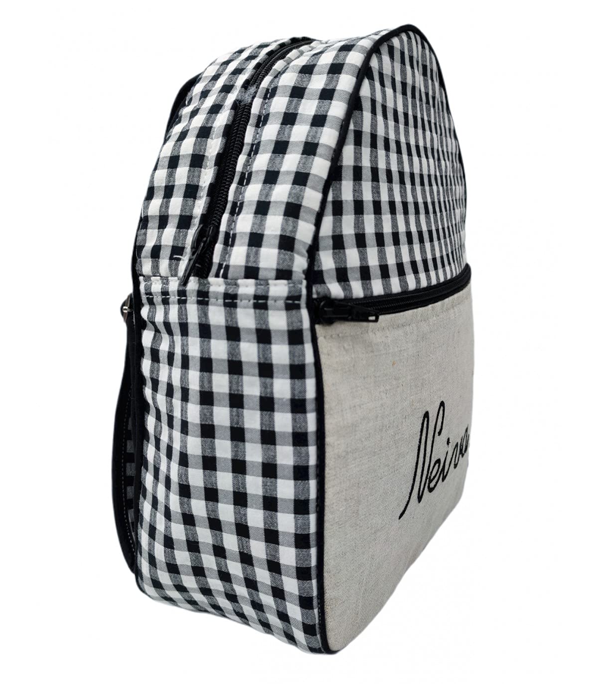 Zaino per bambini in tela - Zaino personalizzato per bebè – Zaino asilo con nome – Zaino scuola infantile ricamato – Lino&Vichy - Nenel (Beige)