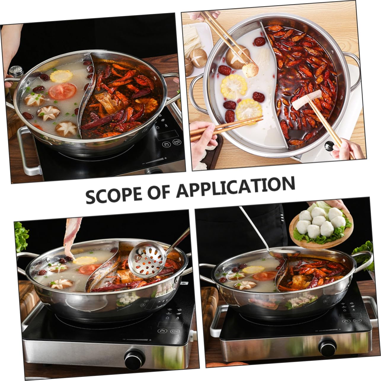 Cabilock 1 set Two Flavor Hot Pot Stainless Steel Multi Purpose Pot with Spoon Scalding Handle and for Chinese Style Cooking and Family Gatherings