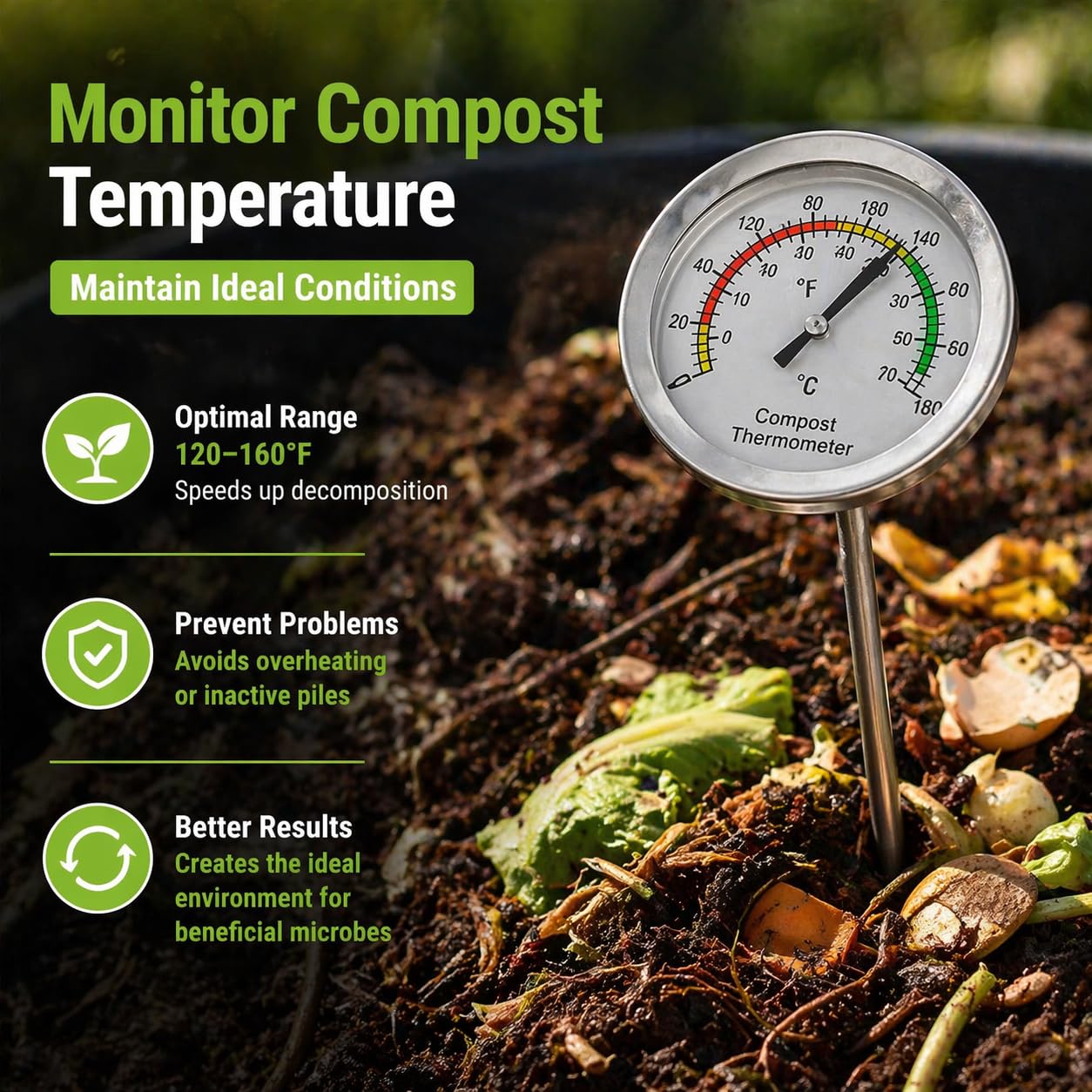 IRSTBL Herramienta aireadora de compost con termómetro, agitador de compost, acero resistente al óxido, mango antideslizante, juego de herramientas de mezcla de abono de jardín