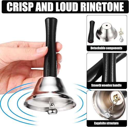 Miniatura 10 de Fumete 100 campanas de metal con mango de madera para decoración de bodas, escuelas, percusión musical, alerta de ancianos enfermos (plata, dorado)