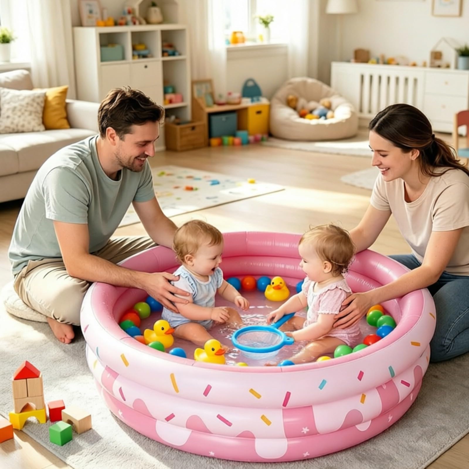 Piscine Pliable Enfant Ronde avec 10 Balles, Piscine Gonflable Rond 3 Boudins, Pataugeoire Gonflable pour Bébé, Piscine à Parois Épaissies pour Jardin, Extérieur et Fêtes d’Été, Piscinette Summer Pop