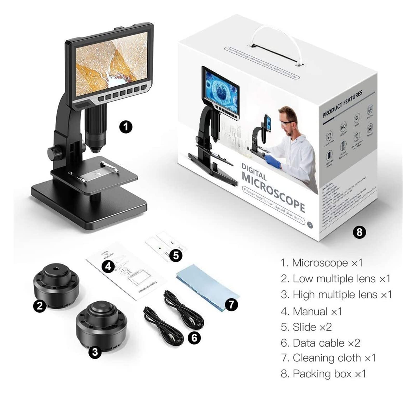 Mikroskop, 2000x Dual Obiektyw 7 cal LCD Mikroskop cyfrowy Powiększenie optyczne Biologiczne 1 2 MP Mikroskop komórkowy do obserwowania nauki Für das Heimlabor