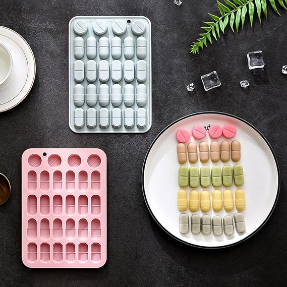 2 PACK Silicone Pill Mold Trays, 28-Cavity Capsule Shaped Candy Molds Non-stick and Bpa Free for Candy Chocolate Gummies Baking