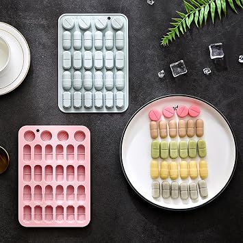2 PACK Silicone Pill Mold Trays, 28-Cavity Capsule Shaped Candy Molds Non-stick and Bpa Free for Candy Chocolate Gummies Baking
