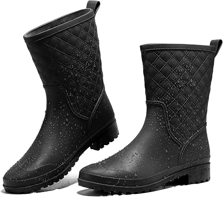 HISEA Women Rain Boots Mid Calf Waterproof Rainboots for Garden Mud Farm | Womens PVC Rubber Boots with Fun Outsole Quilted Texture Shaft Lightweight Fashion Womens Rain Footwear