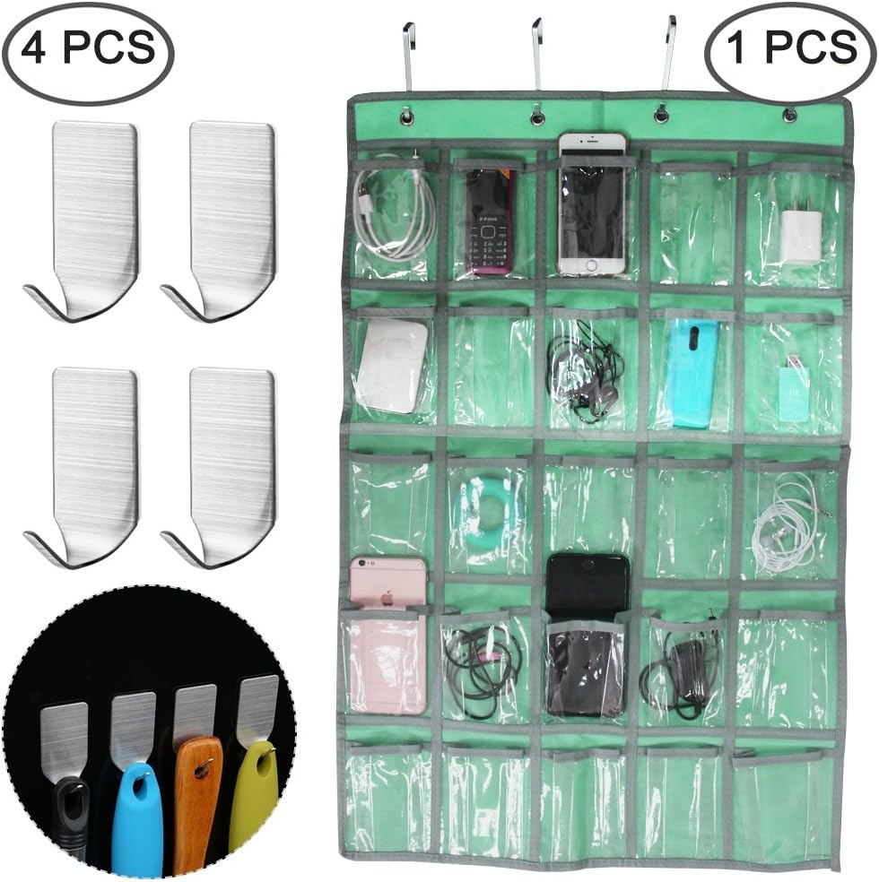AFUNTA Classroom Pocket Chart with 4 pcs Adhesive Hooks, Hanging Organizer for Cell Phone Calculator Underwear Sock Storage, with 4 Wall Hooks Stainless Steel Hanger for Kitchen Bathroom Office