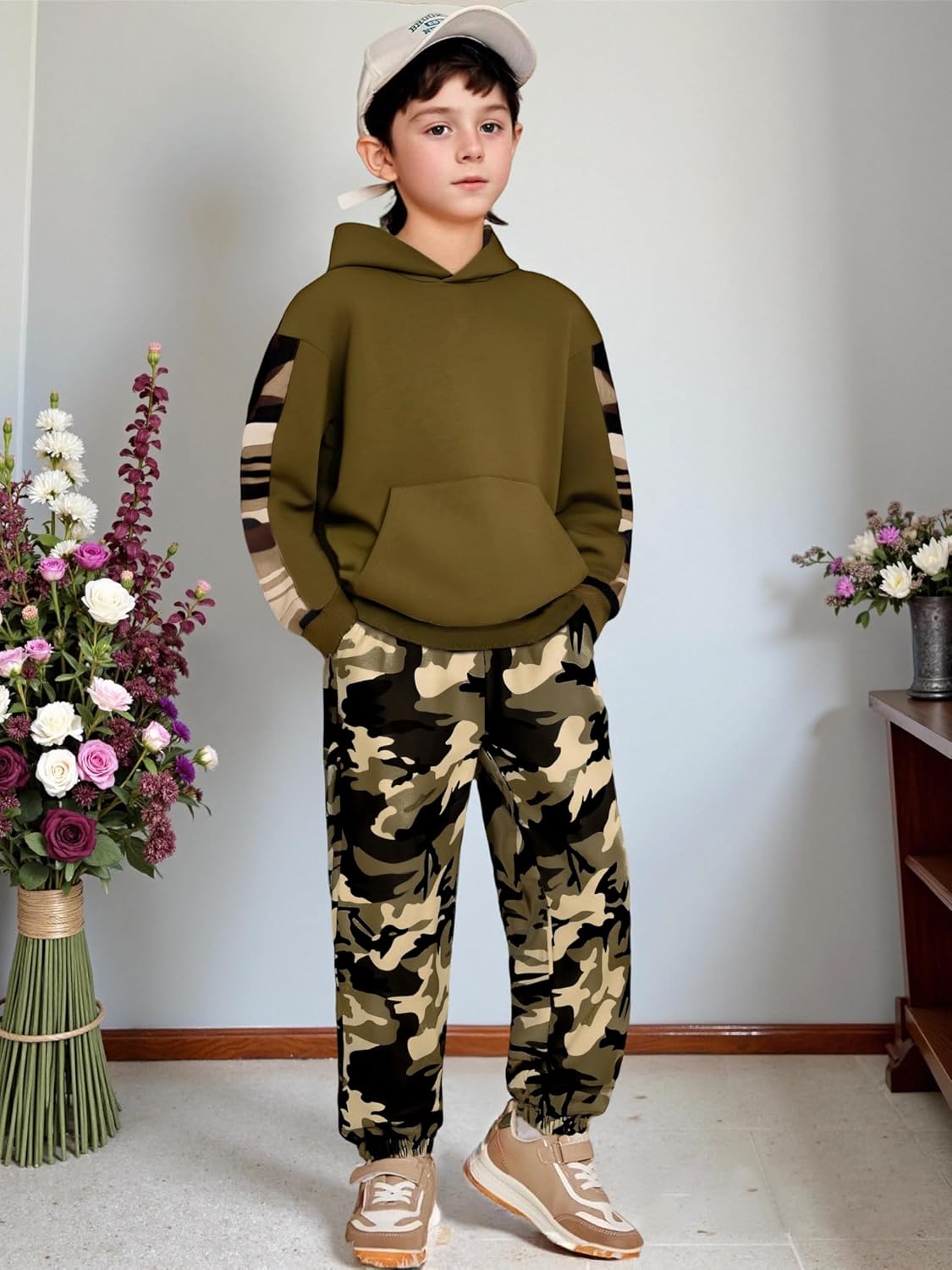 Boys Clothes 2Pcs Long Sleeve Patchwork Graphic Print Hoodie Sweatshirt Leaf Print Camouflage Sweatpants Boy Sweatsuit - Image 2