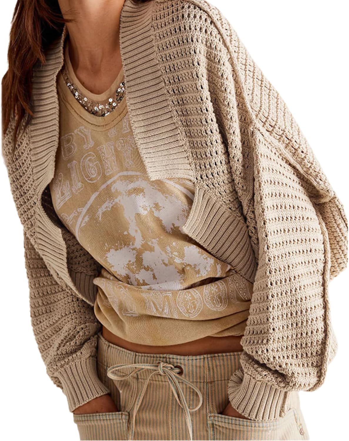 Women's Shrug Cardigan Sweater Trendy Bat Long Sleeve Open Front Chunky Knit Jumper Top