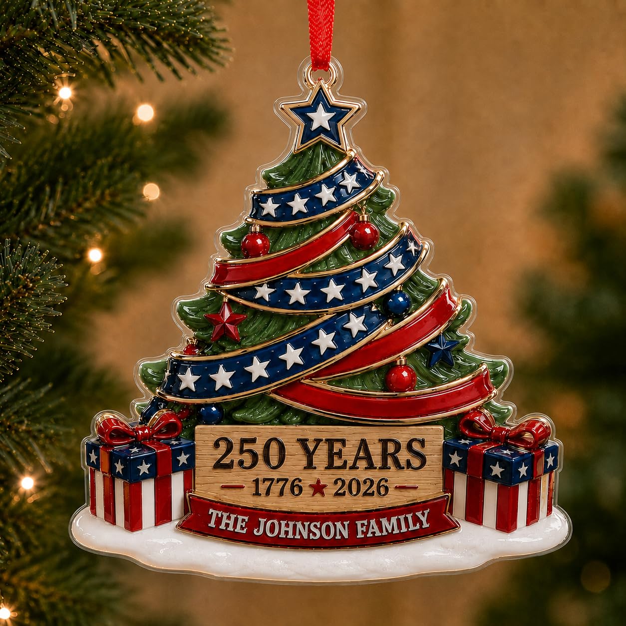 Personalized 250th Anniversary USA Christmas Ornaments 250th Anniversary Christmas Ornament Christmas - 4th of July Gift for Family - Loved Ones 3D Relief White Acrylic Ornament