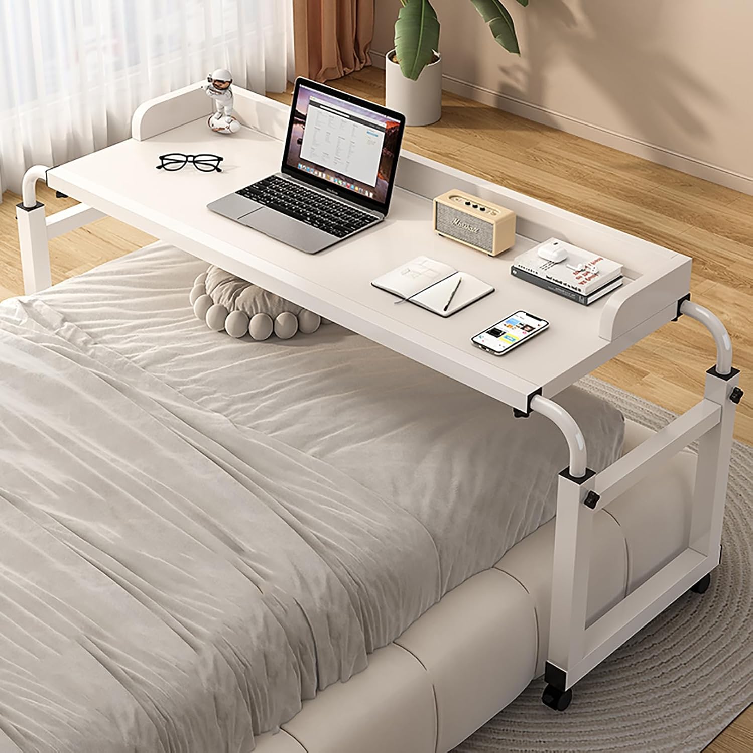 Adjustable Height Rolling Bed Table - Mobile Laptop Desk on Wheels Versatile Overbed Tray Perfect for Meals & Work Easy to Move Space-Saving Design.